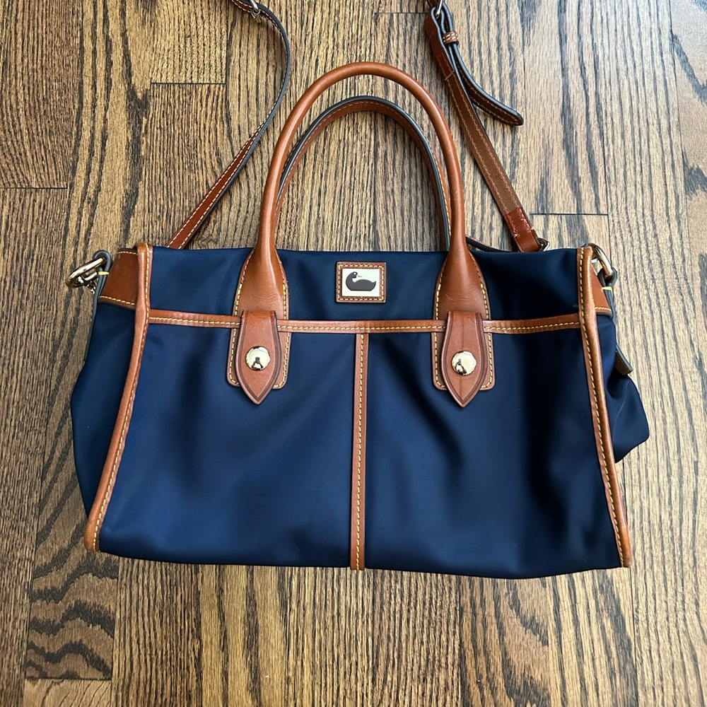 Dooney & Bourke Blue and Brown Satchel with Leather Accents